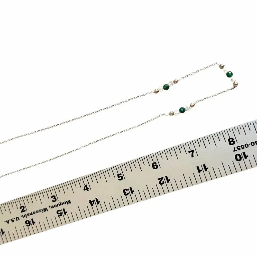 Vintage Sterling Silver Green Stone & Crystal Necklace Emerald Tone Beaded Neck